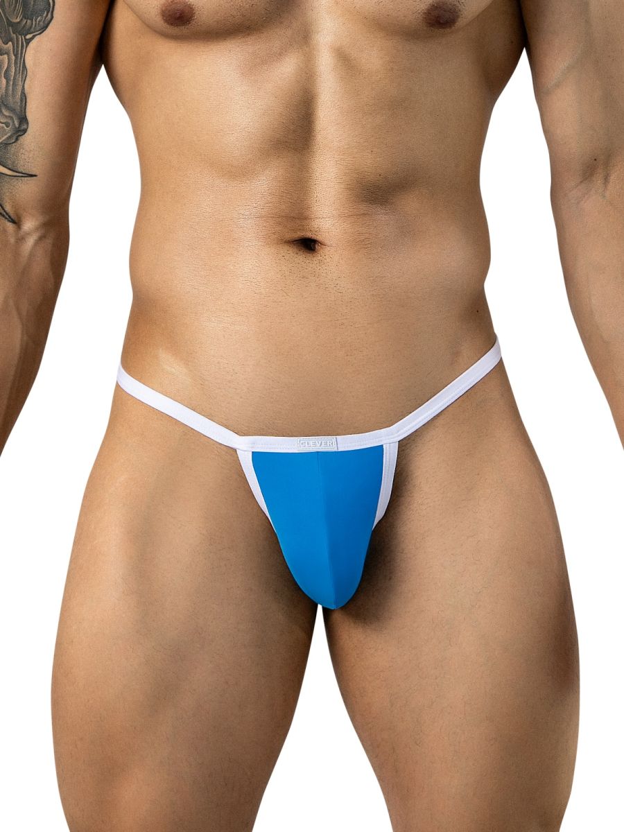 Front view of turquoise minimalist thong with white trim worn by a model.
