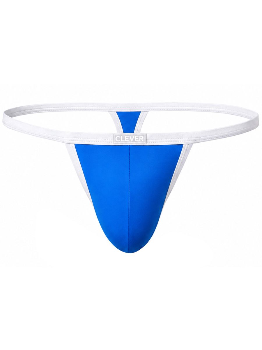 Turquoise thong with white trim and waistband featuring a centered Clever logo tag, shown flat.