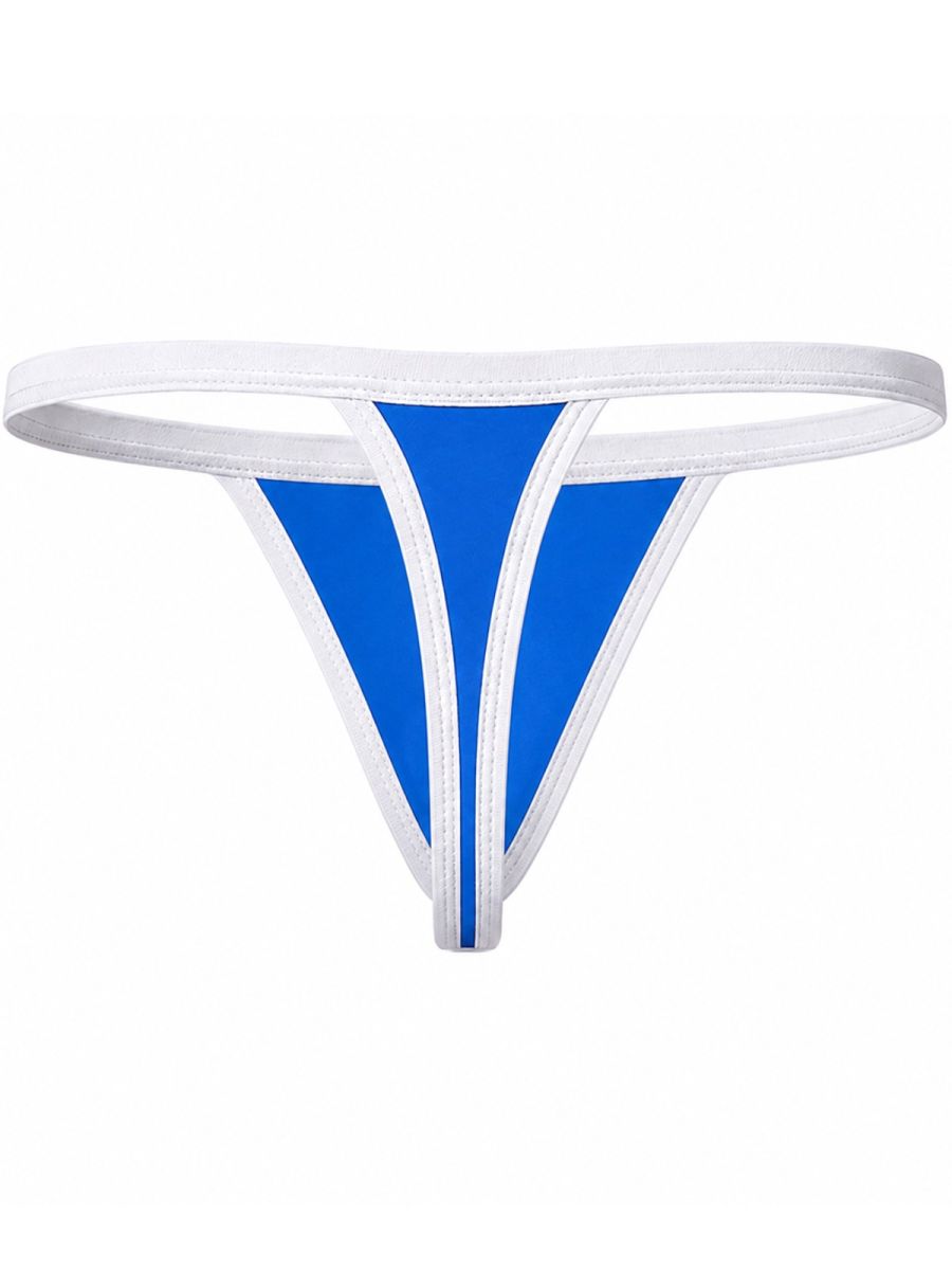 Turquoise thong with a white waistband and contrasting white vertical trim lines.