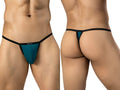Petrol blue thong with thin black waistband and trim shown from front and back views.