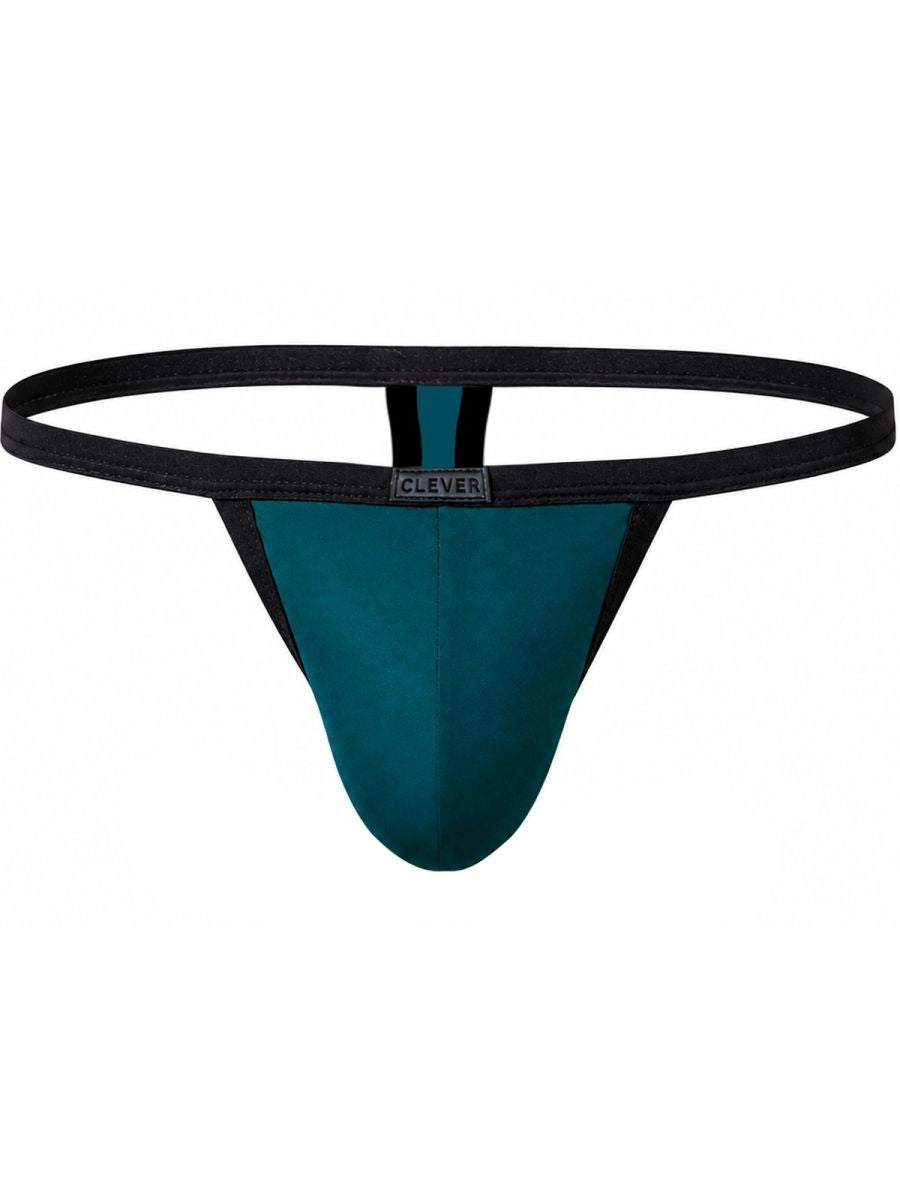 Petrol blue thong with black trim and a branded logo tag centered on the thin waistband.