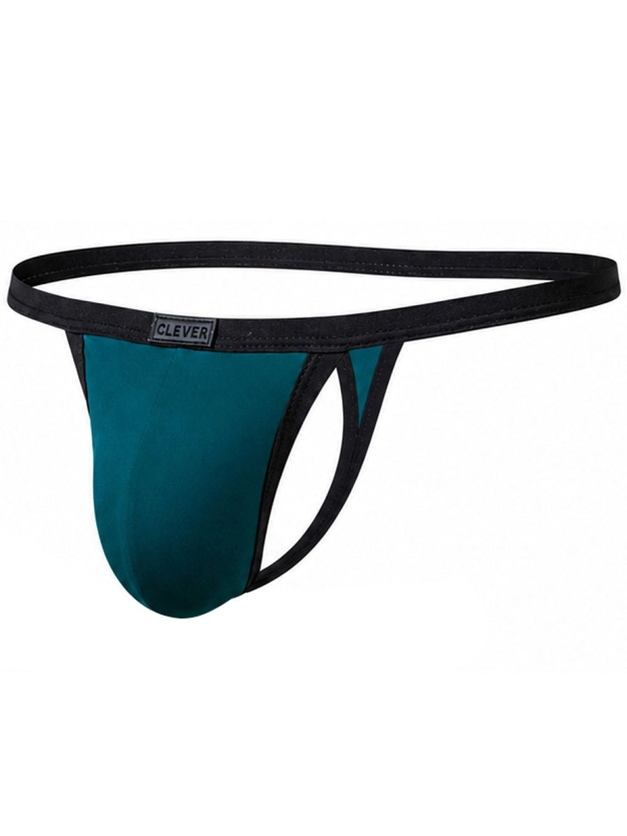 Petrol blue thong with black trim and a small "Clever" logo patch on the waistband.
