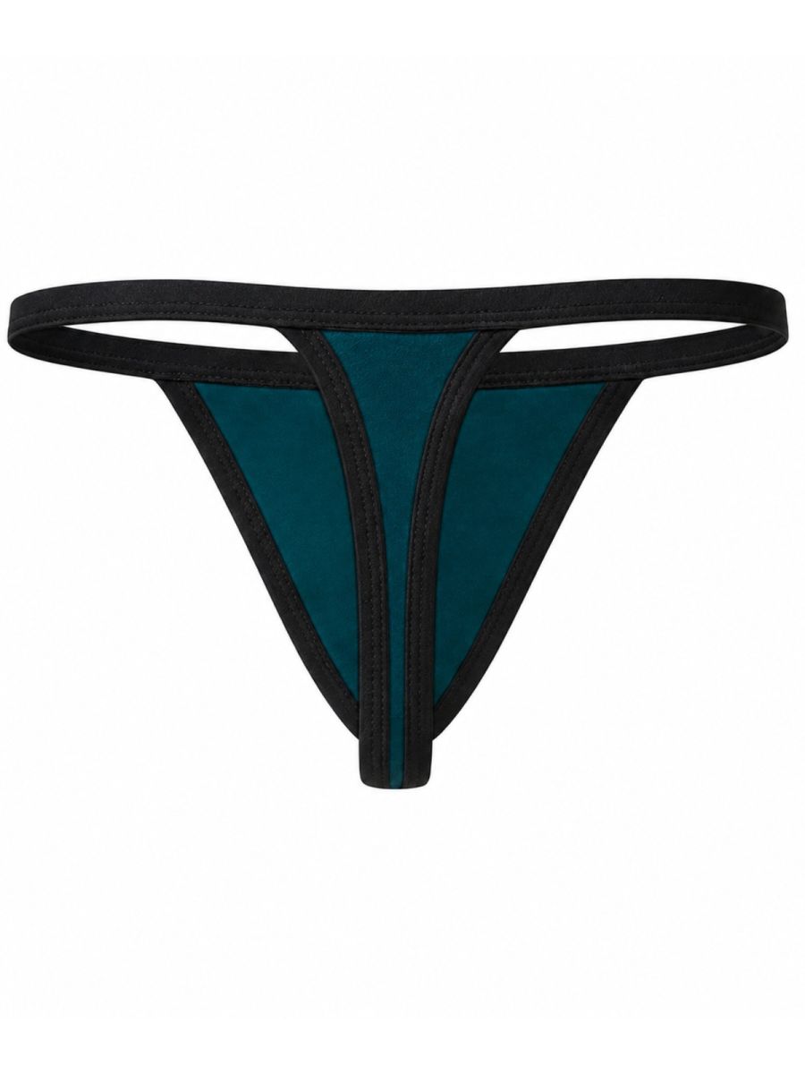 Petrol blue thong underwear with black trim and a vertical front strap layout, flat-laid on white.