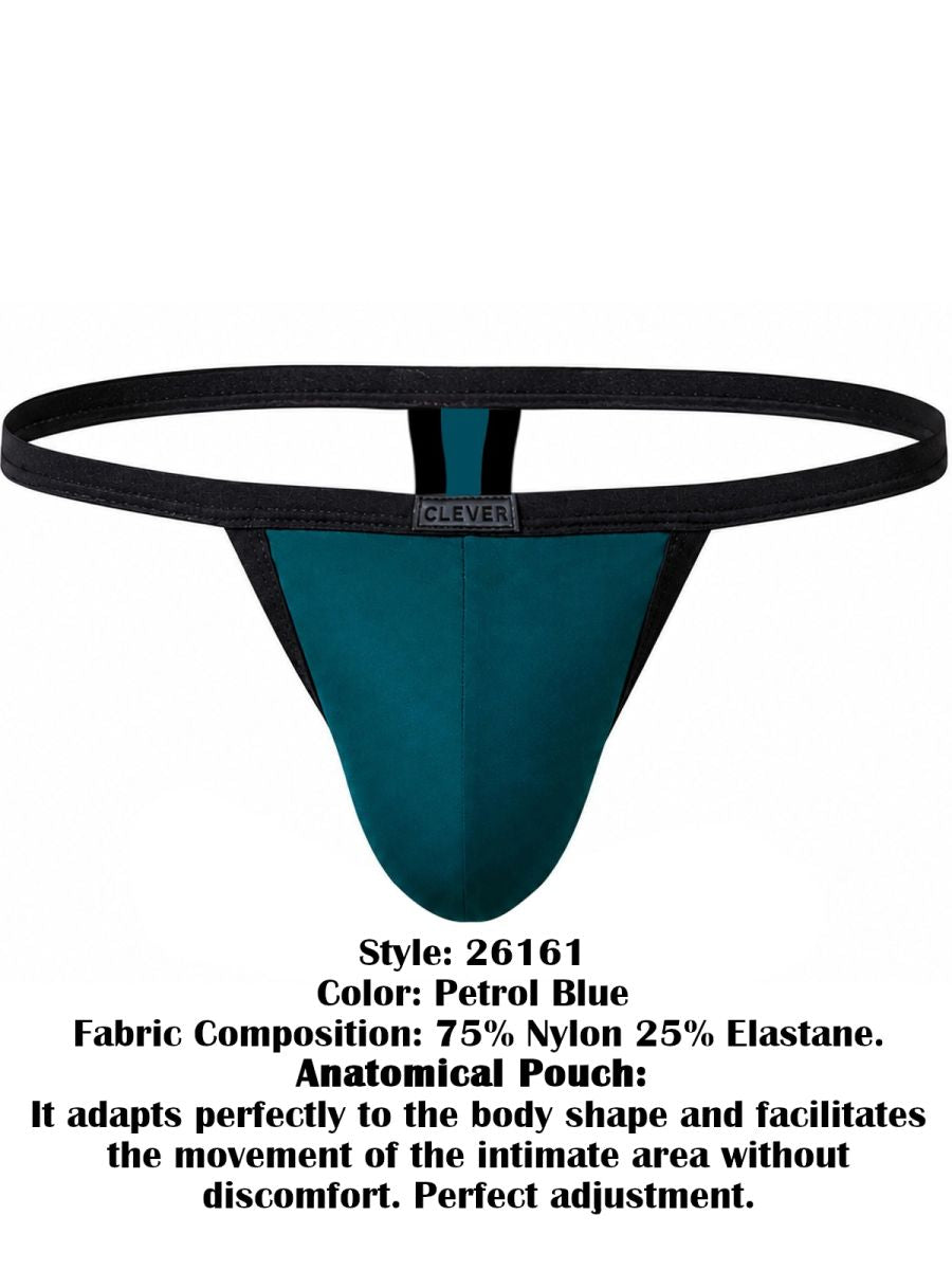 Petrol blue sleek thong with black waistband and trim, featuring a central brand logo label.