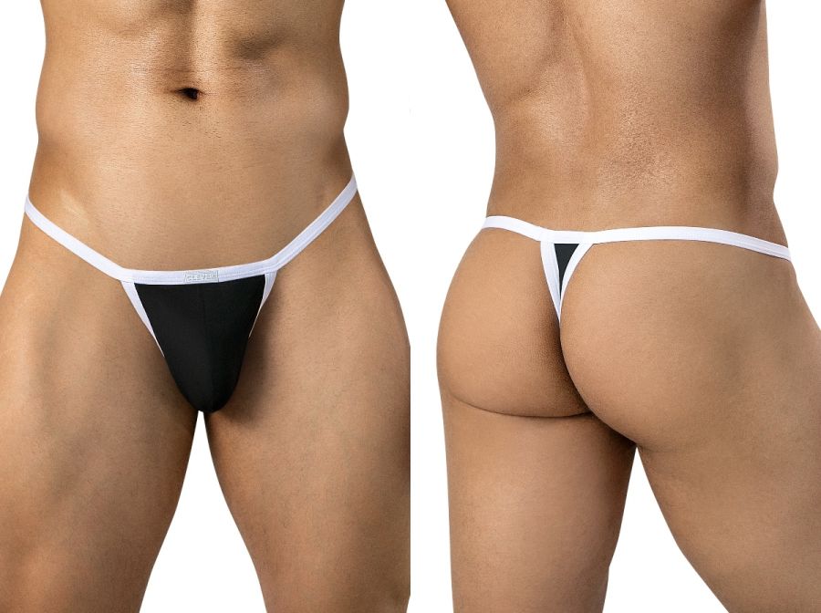 Front and back views of a person wearing a black thong with white trim and a thin waistband.