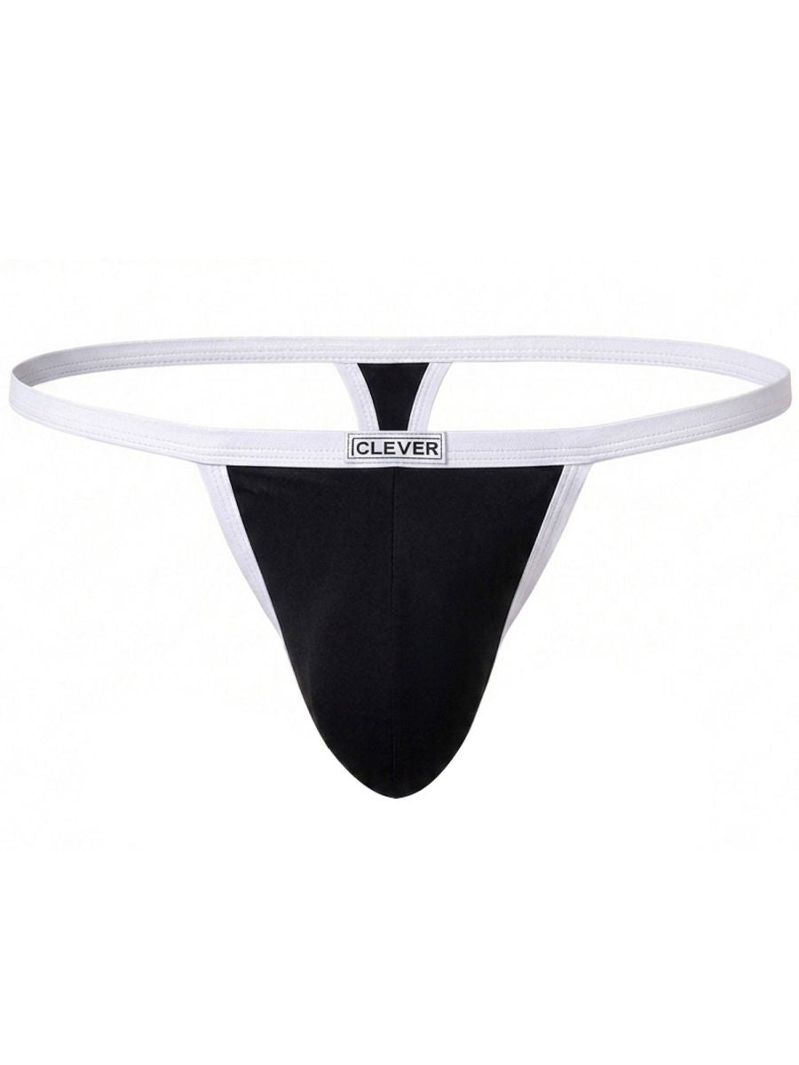 Flat view of black thong underwear with white trim and a centered Clever logo tag on the waistband.