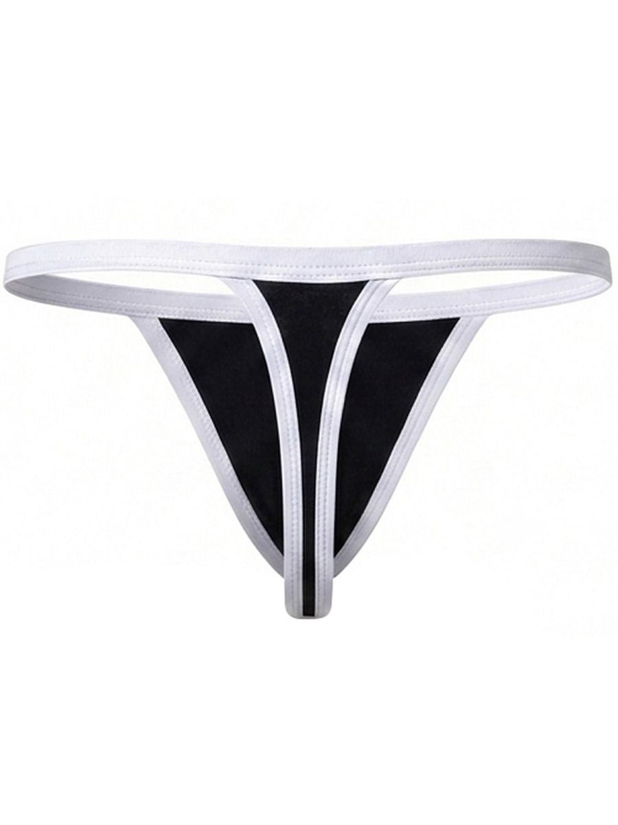 Black thong with white trim and a central vertical strap on a white background.