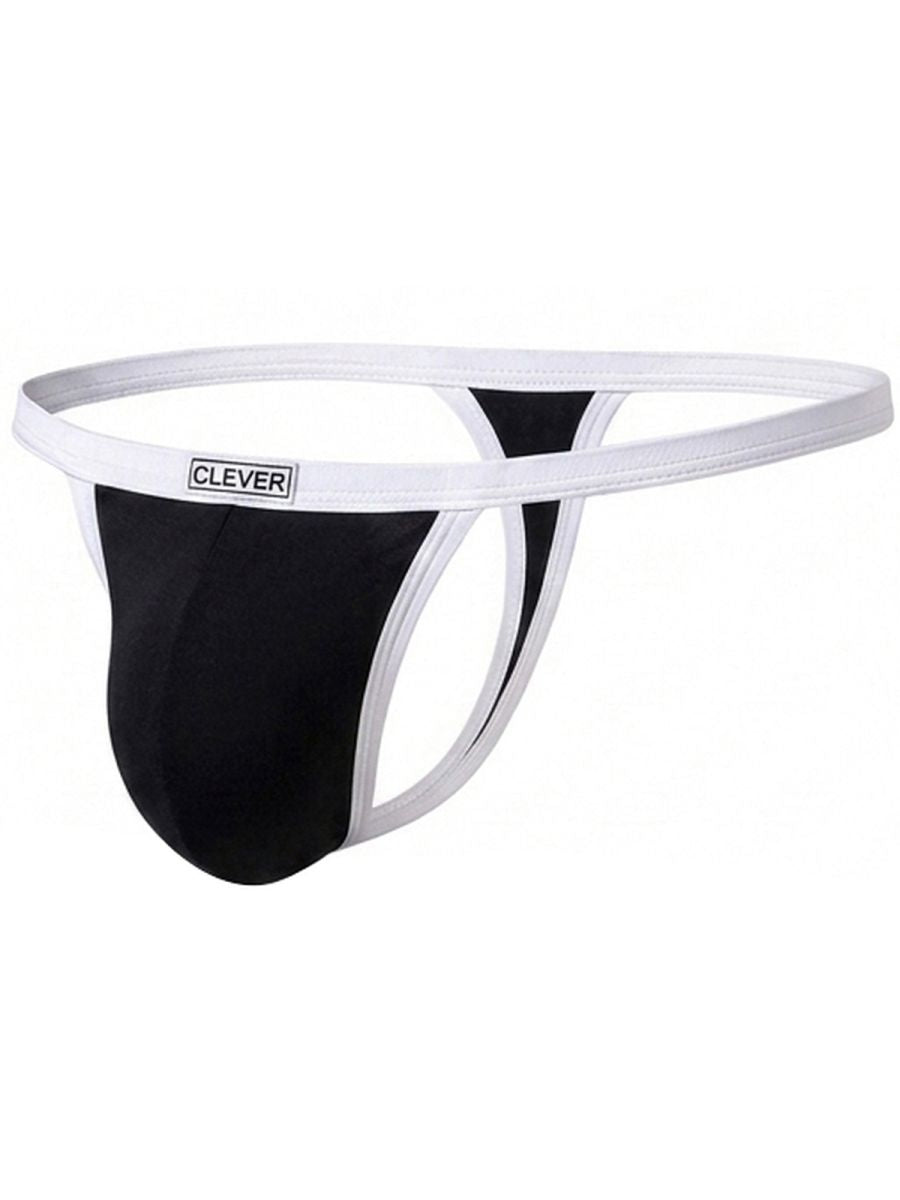 Black thong with a white waistband featuring the Clever brand logo.