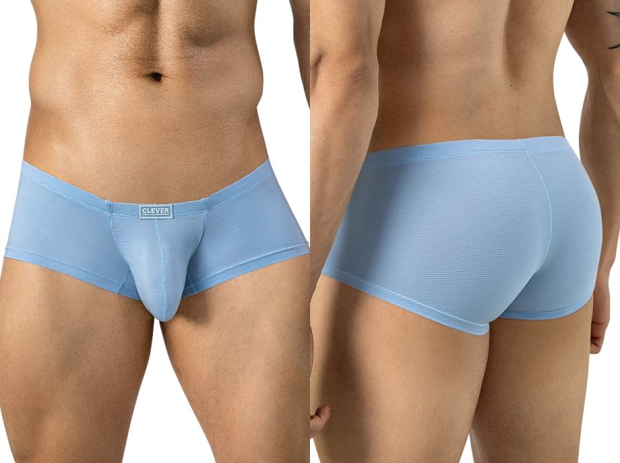 Light blue low-rise trunks featuring a textured fabric and a small branded waistband tag, shown from front and back.