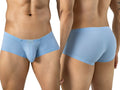 Light blue low-rise trunks featuring a textured fabric and a small branded waistband tag, shown from front and back.