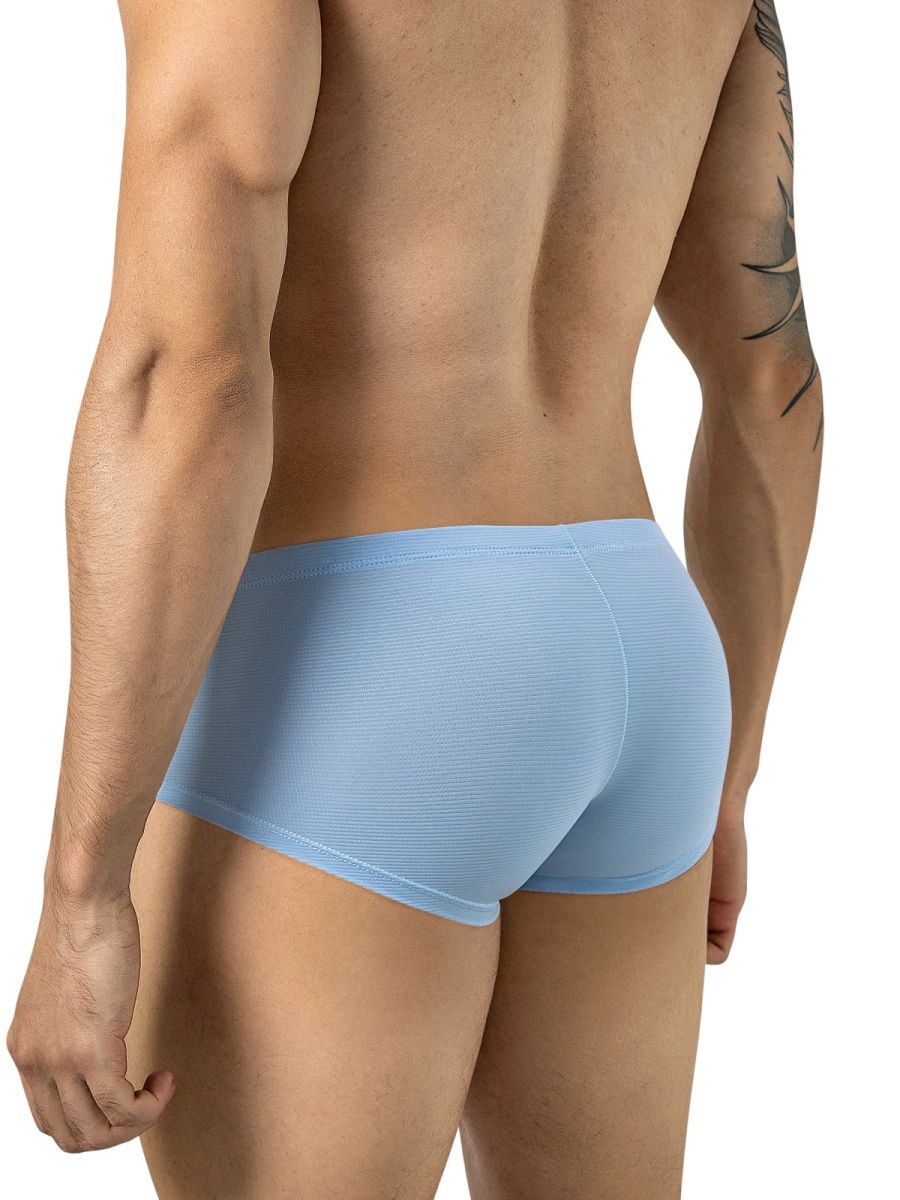 Rear view of a person wearing light blue trunks with a textured fabric.