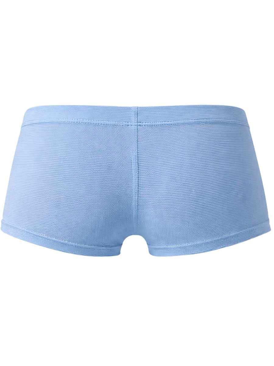 Rear view of light blue men's trunks with textured fabric.
