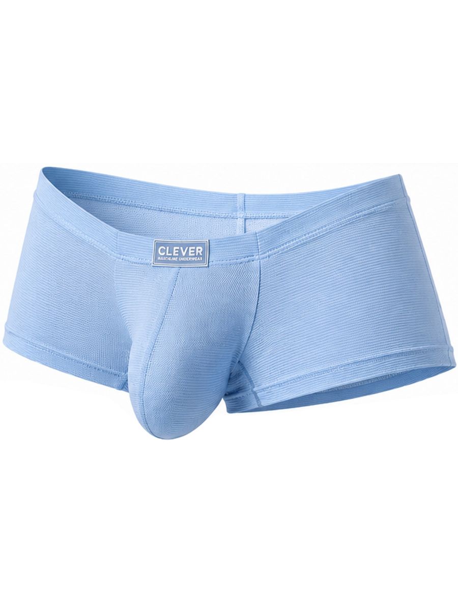 Light blue Clever Cronos trunks featuring a textured fabric and a branded waistband tag.