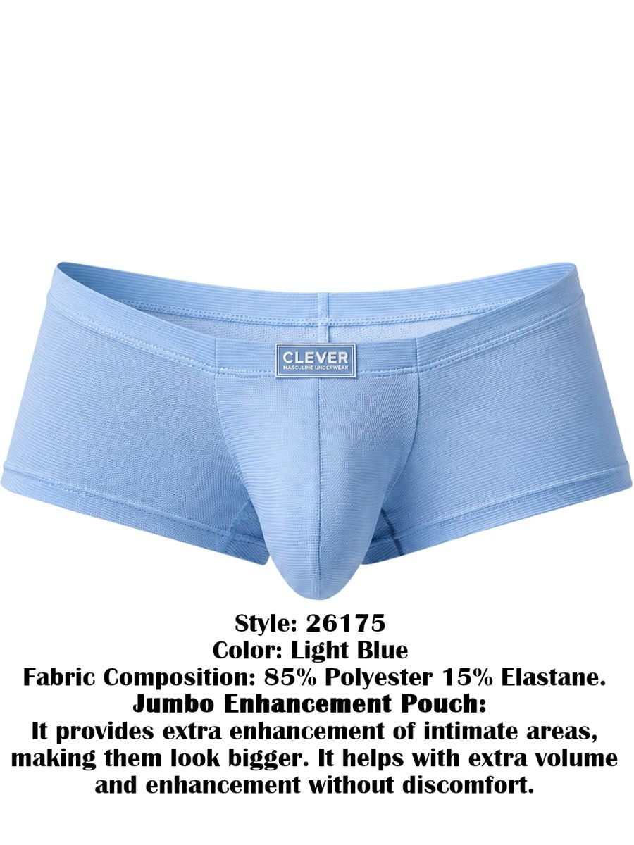 Light blue Clever Moda Cronos trunks with a contoured pouch and centered brand logo label.