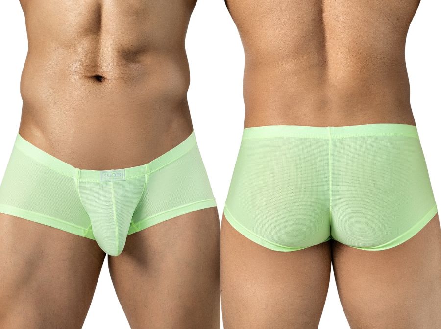 Front and back views of a person wearing neon green mesh trunks with a branded waistband label.