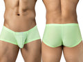 Front and back views of a person wearing neon green mesh trunks with a branded waistband label.