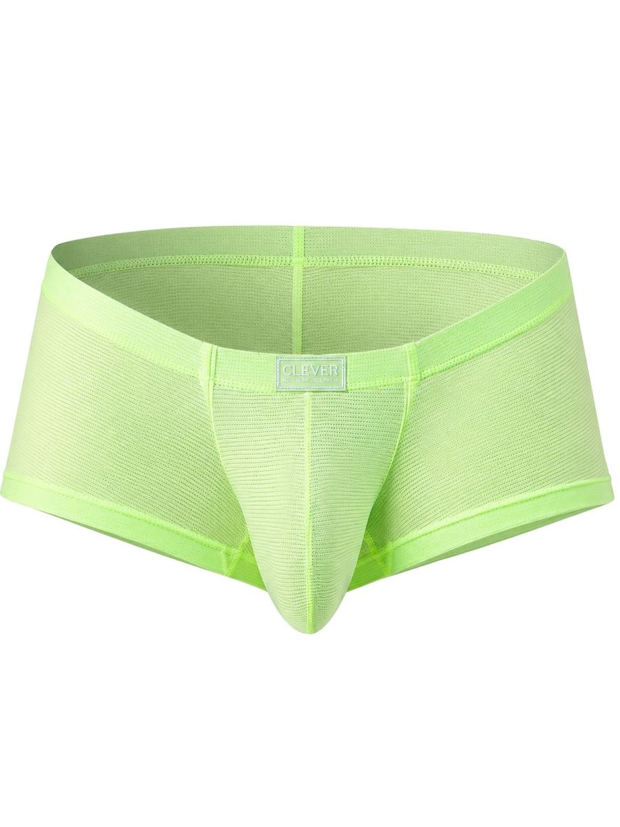 Neon green Clever Moda Cronos trunks shown flat on a white background with a centered brand logo on the waistband.