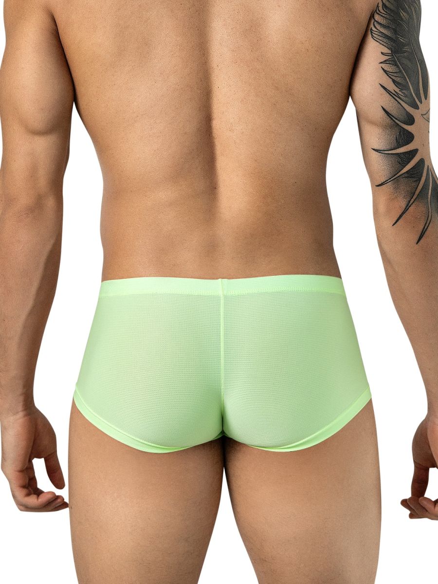 Rear view of a person wearing neon green trunks.