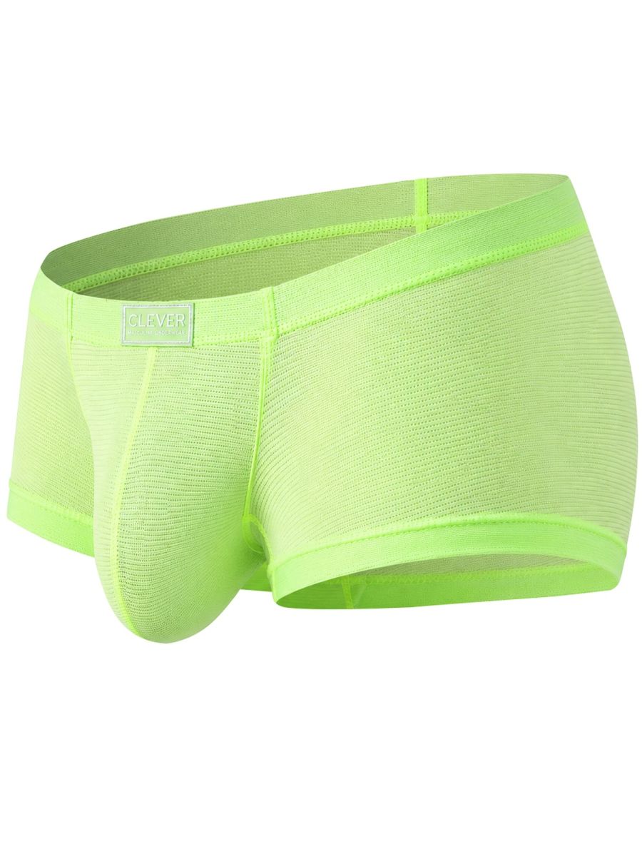 Neon green trunks with a textured mesh fabric and a logo patch on the waistband, shown from a front angle.
