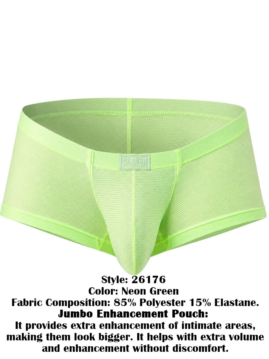 Neon green trunks in a mesh fabric with a centered Clever logo tag on the waistband.