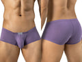 Lilac low-rise trunks featuring a textured fabric, contoured pouch, and small logo tag on the front waistband.