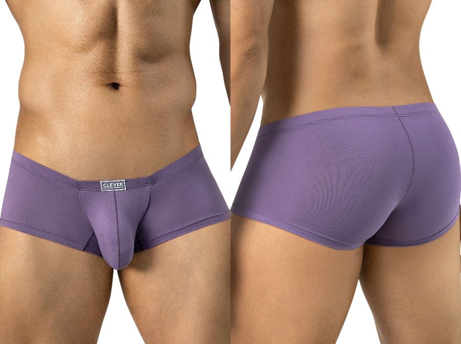 Lilac low-rise trunks featuring a textured fabric, contoured pouch, and small logo tag on the front waistband.