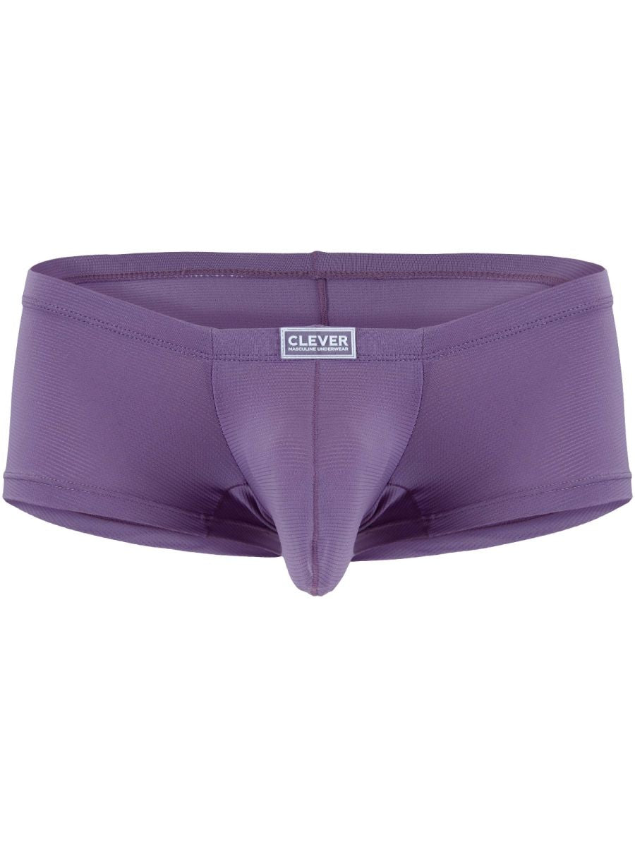 Lilac trunks with a contoured pouch, flat waistband, and a small central logo label, viewed from the front.