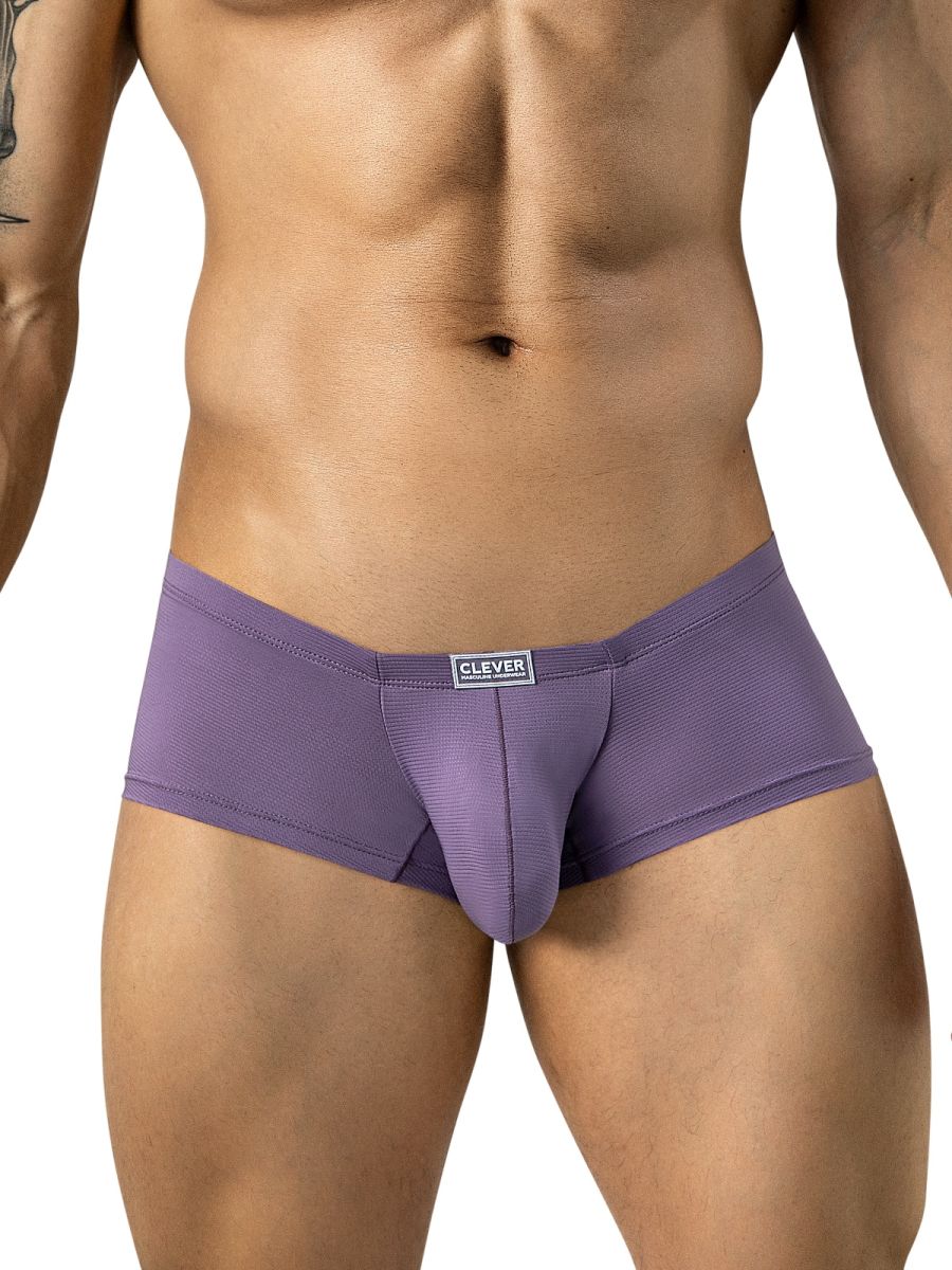 Lilac low-rise trunks with a supportive front pouch and a small Clever logo tag on the waistband.