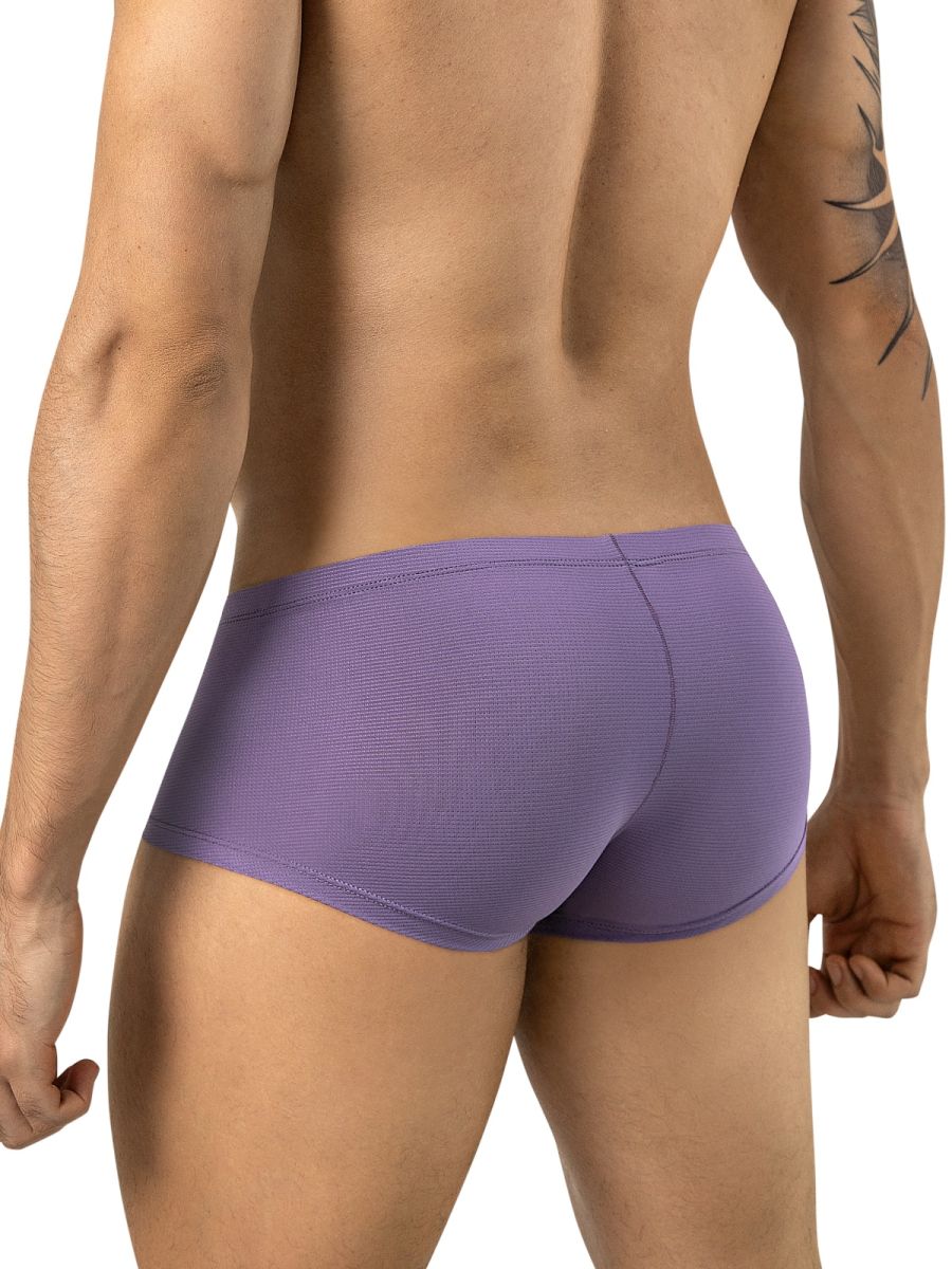 Rear view of a person wearing lilac trunks with a textured fabric.
