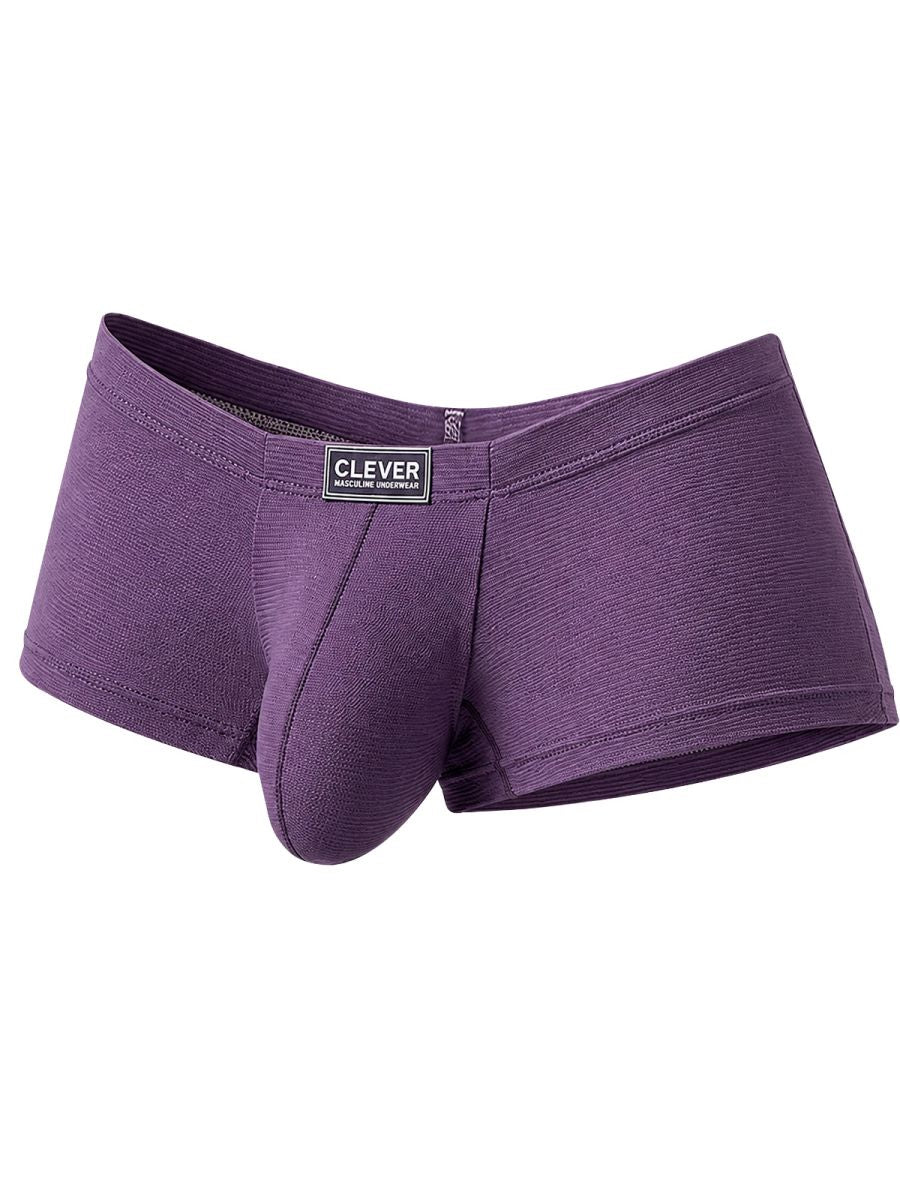 Lilac textured low-rise trunks with a contoured front pouch and a centered Clever brand label on the waistband.