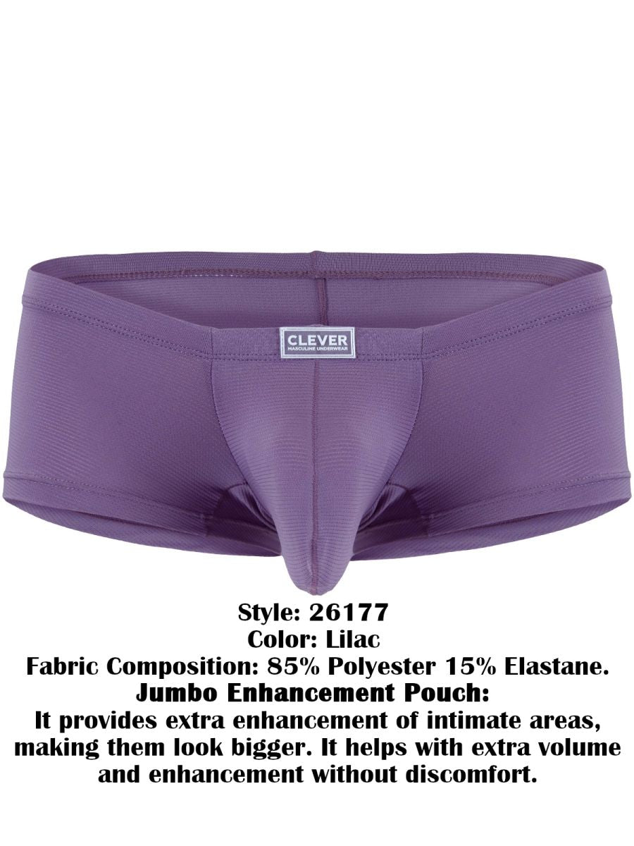 Lilac trunks with a contoured front pouch and a branded waistband label, shown flat.