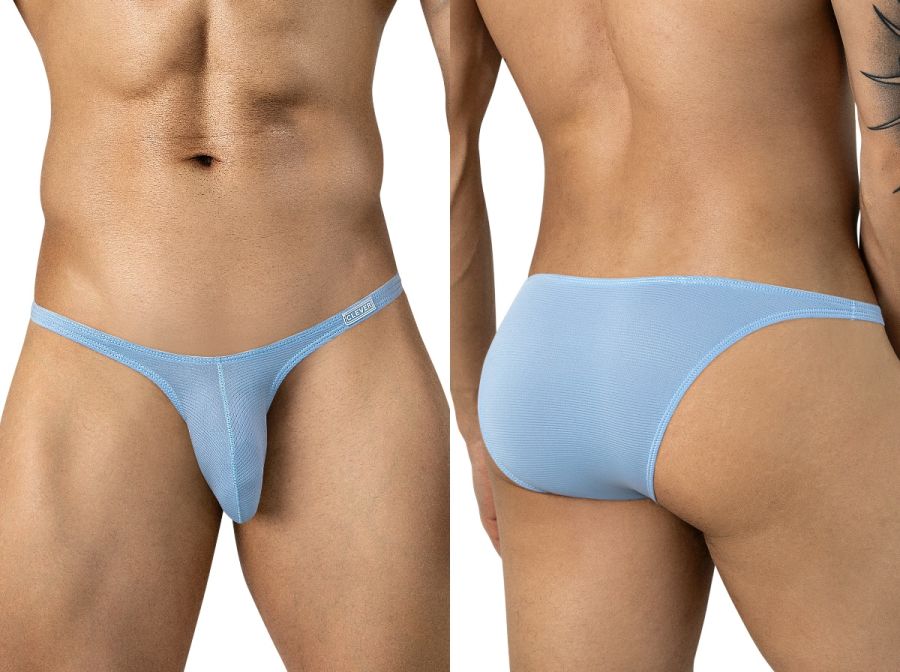 Front and back views of light blue low-rise briefs with thin side straps on a person.