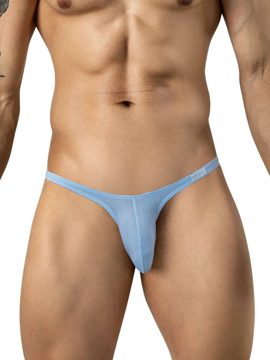 Light blue minimal-coverage briefs featuring thin side straps and a front brand logo tag.