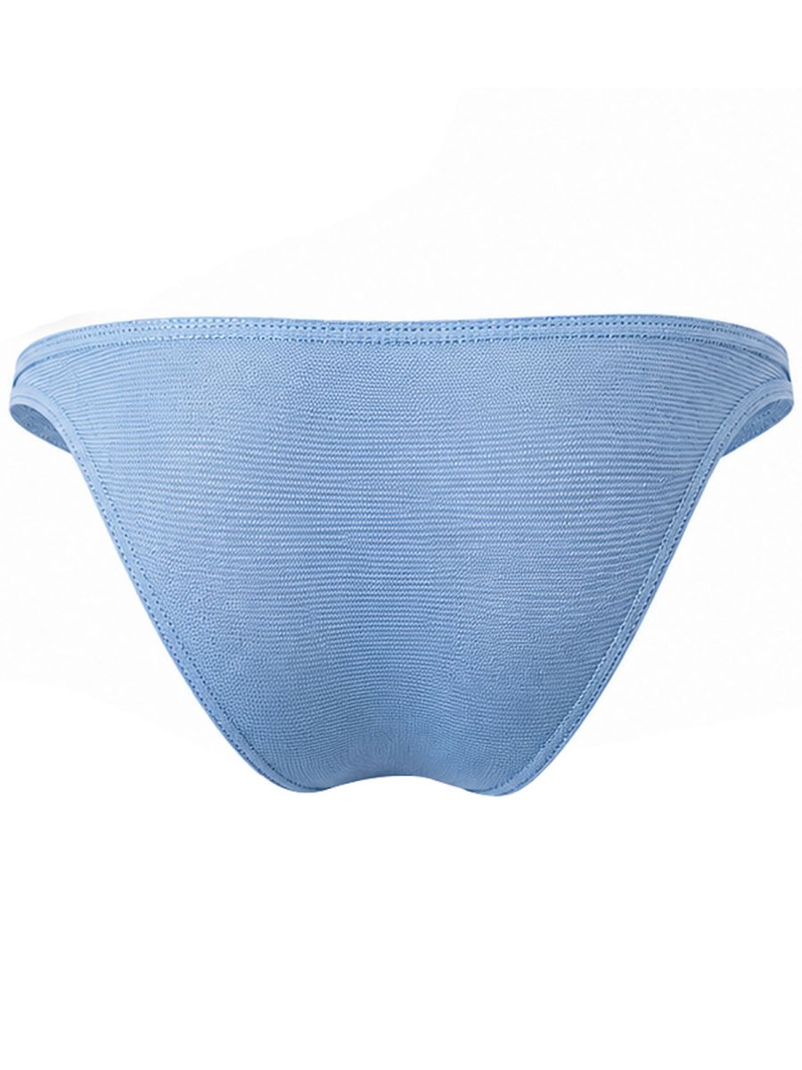 Rear view of light blue textured brief underwear.