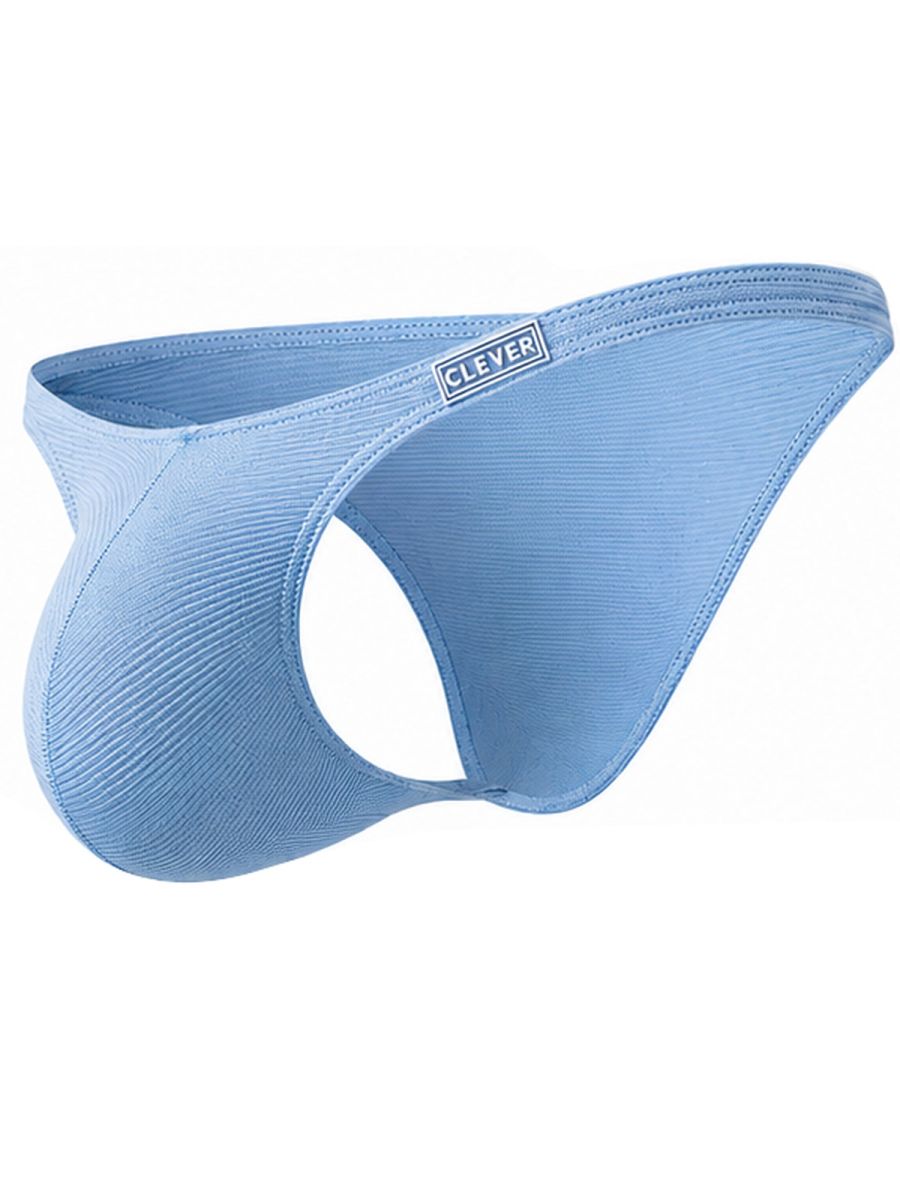 Light blue ribbed low-rise briefs featuring a side cutout and a white Clever logo patch on the waistband.