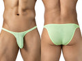 Neon green low-rise briefs shown from front and back views on a person.
