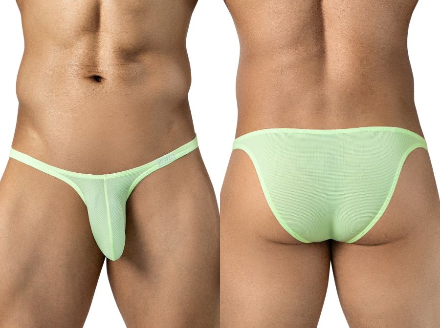 Neon green low-rise briefs shown from front and back views on a person.