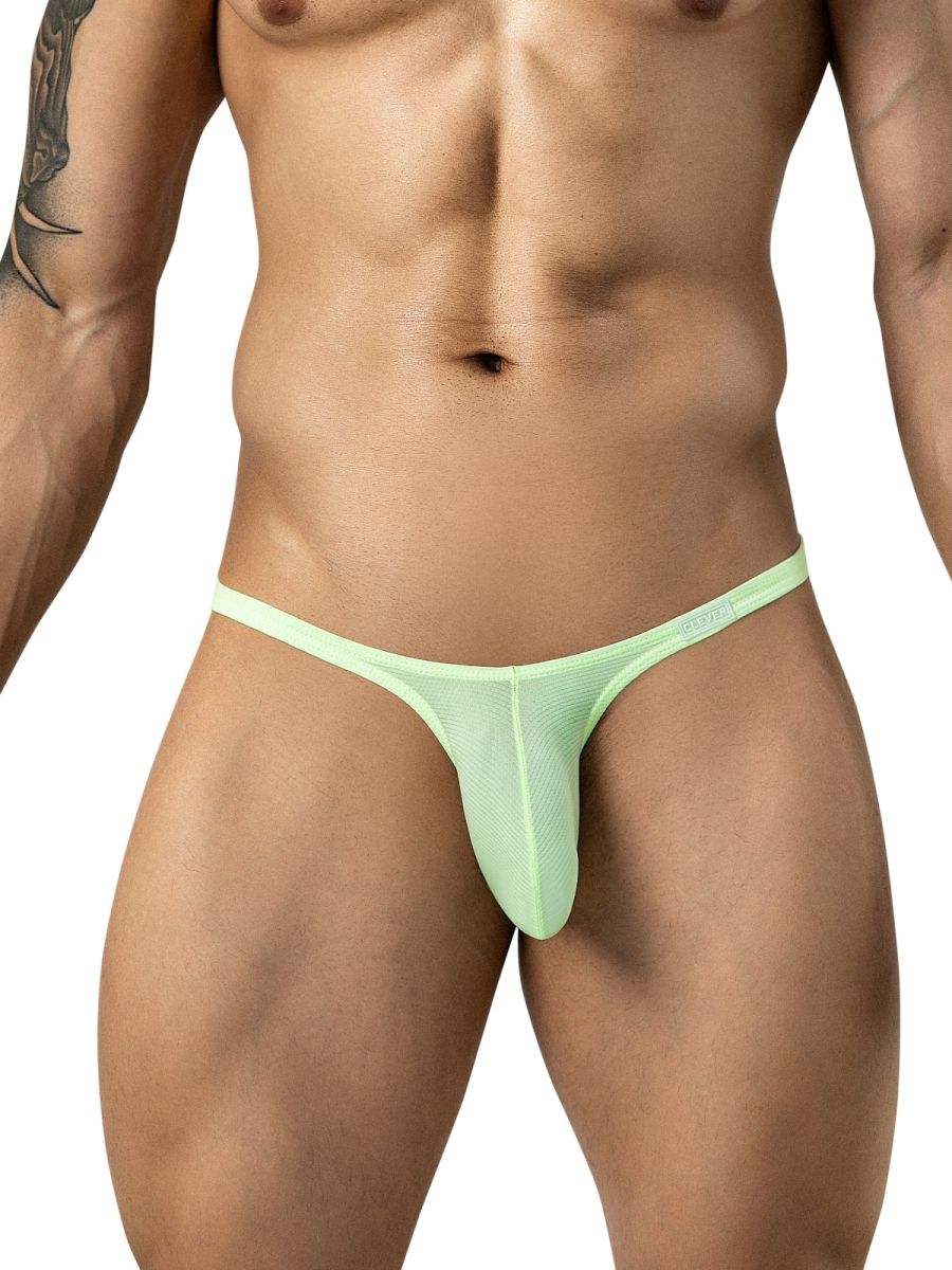 Front view of neon green low-rise briefs with a thin waistband and minimalist mesh pouch.