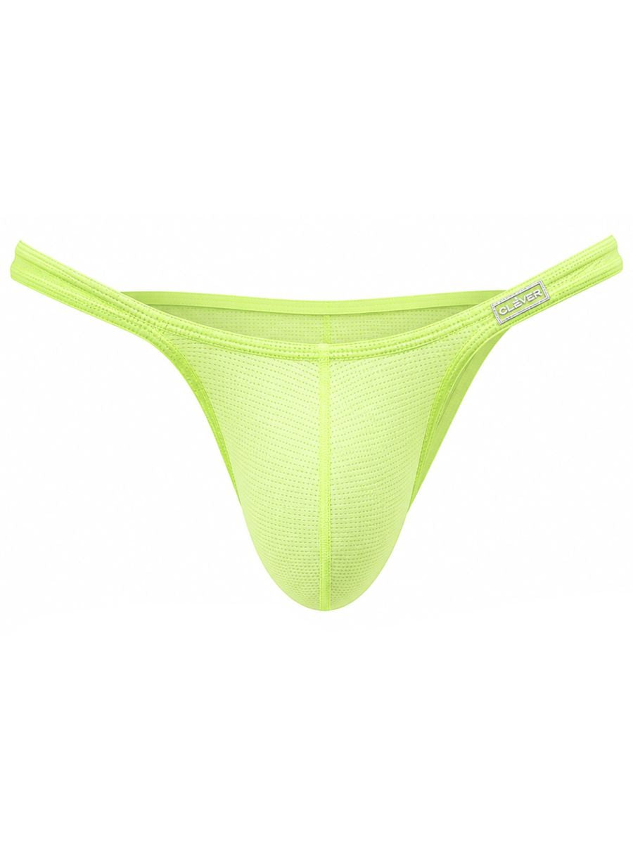 Clever Moda neon green low-rise briefs displayed flat with thin side straps and a front logo tag.