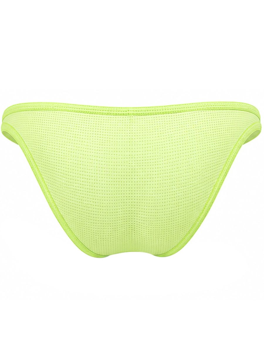 Rear view of neon green Cronos briefs, shown flat.