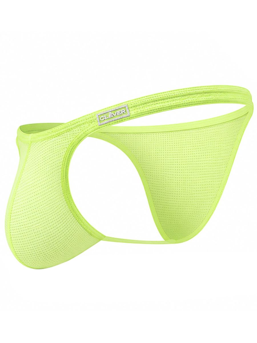 Neon green mesh briefs featuring a minimal cutout design and branded waistband.