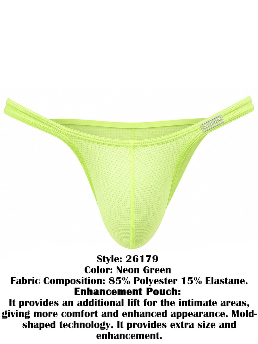 Neon green low-rise briefs with thin side straps and a small logo tag on the waistband.