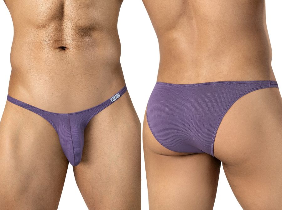 Front and back views of lilac briefs with narrow sides and a small logo tag on the waistband.