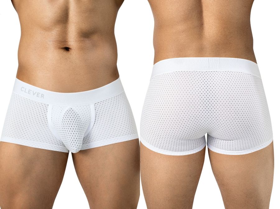Front and back views of a person wearing white mesh boxer briefs with a contoured pouch and wide waistband.