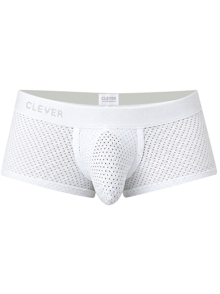 White mesh trunks with a wide branded waistband and contoured front pouch on a plain background.