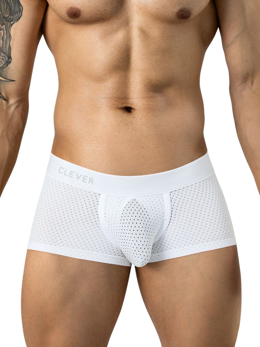 Front view of a model wearing white Clever mesh trunks with a logo waistband.