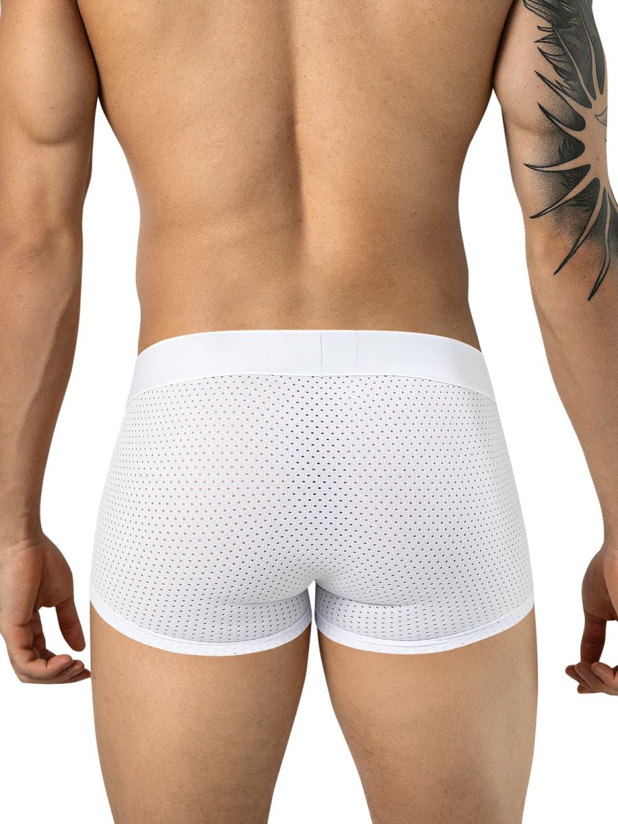 Rear view of a person wearing white mesh boxer trunks with a wide elastic waistband.