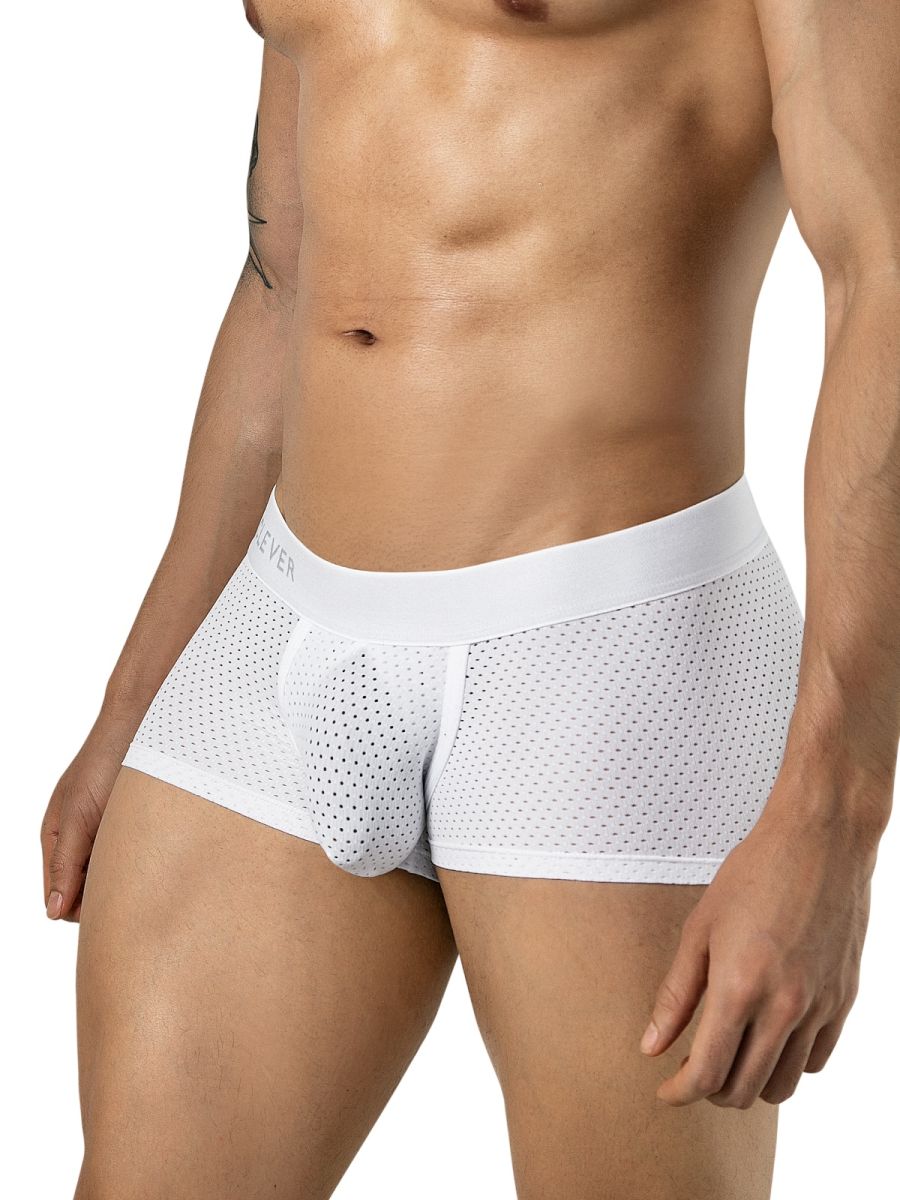 A model wearing white mesh trunks with a white waistband, viewed from a three-quarters angle.