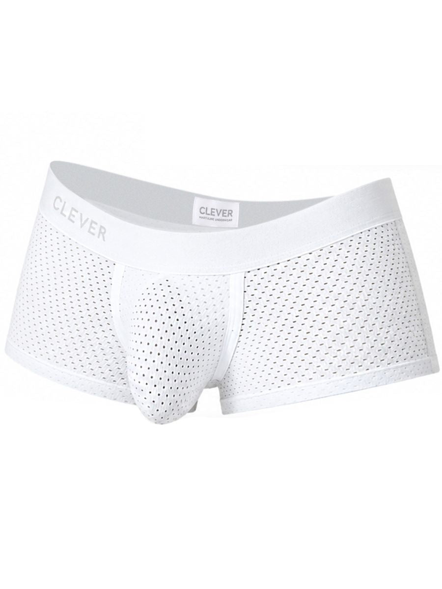 White mesh men's trunks with a branded waistband and contoured front pouch.