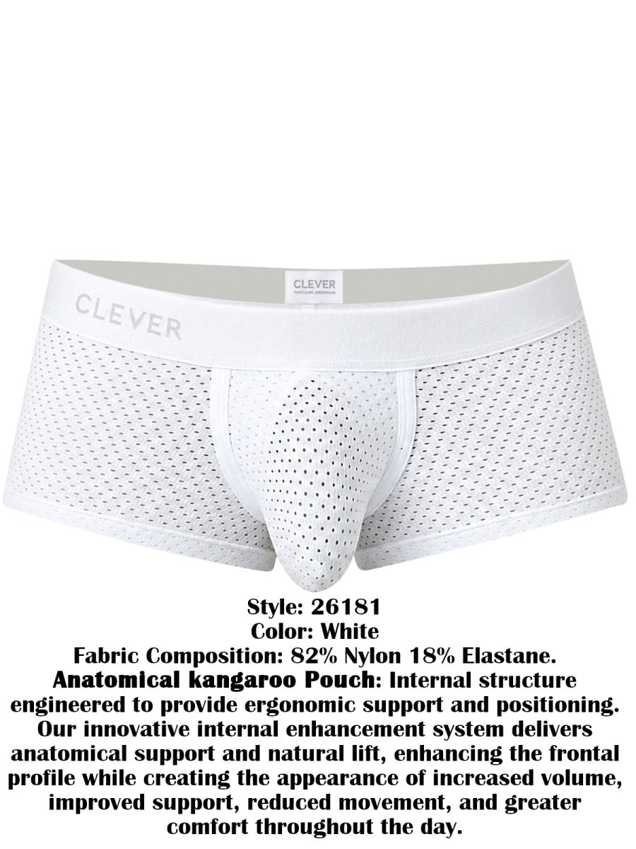 White mesh trunks featuring a supportive contoured pouch and a branded elastic waistband.
